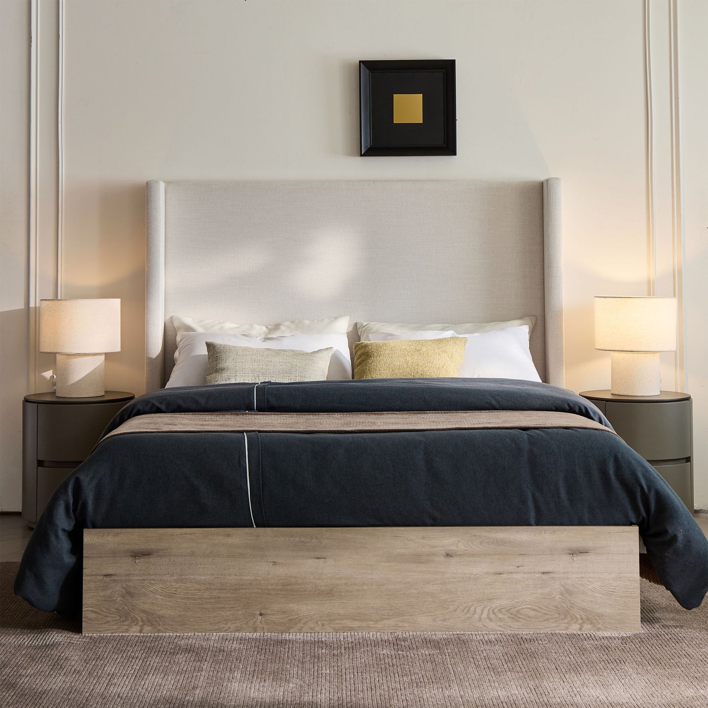 Shelton - Queen Upholstered Wingback Bed With 54" High Headboard - Ivory / Light Gray / Camel Oak - The Sleep Loft - Online Mattress Showroom NYC