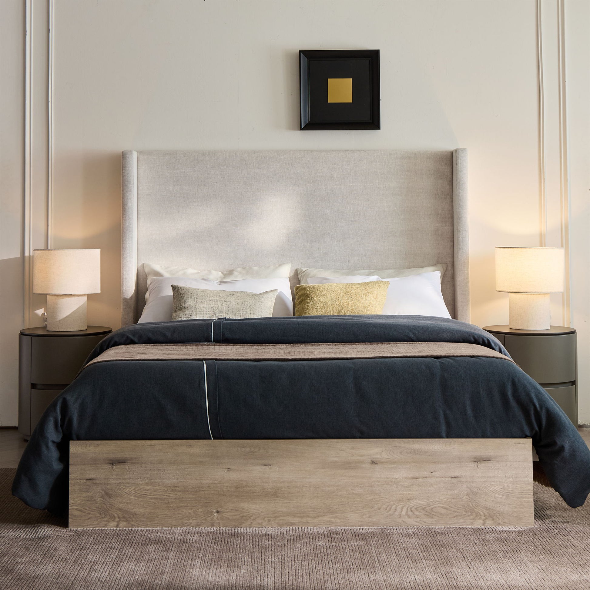 Shelton - Queen Upholstered Wingback Bed With 54" High Headboard - Ivory / Light Gray / Camel Oak - The Sleep Loft - Online Mattress Showroom NYC