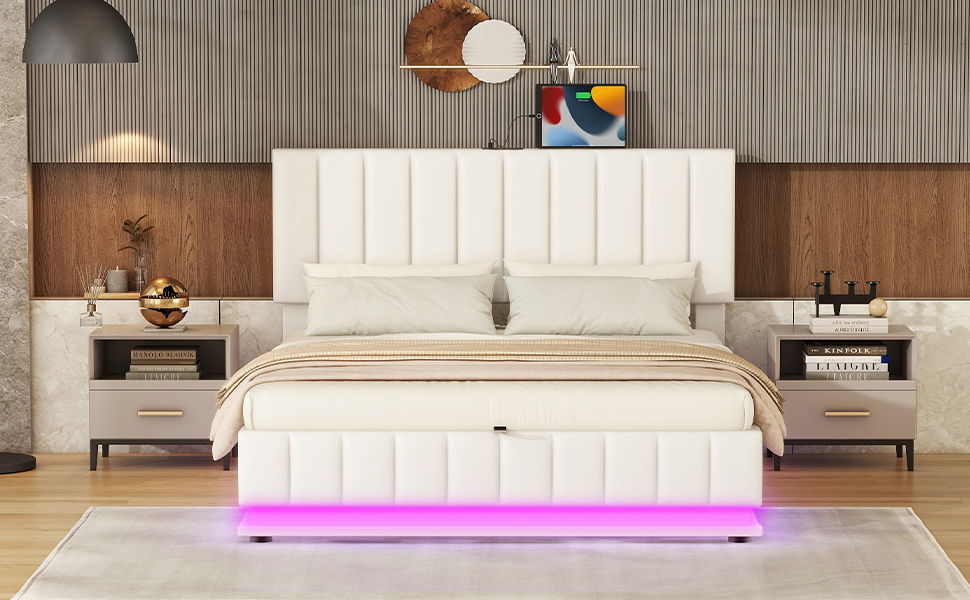 Upholstered Bed With Hydraulic Storage System And LED Light, With Sockets And USB Ports - The Sleep Loft - Online Mattress Showroom NYC