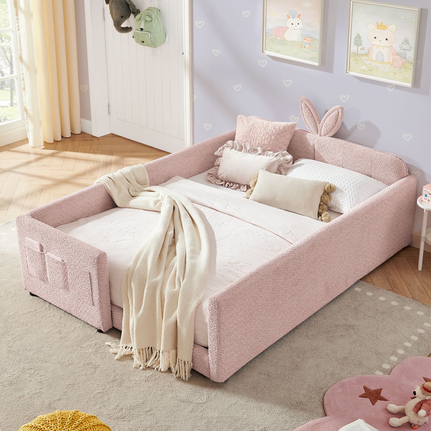 Cute Rabbit Ear Upholstered Platform Bed Frame With Safety Rail - The Sleep Loft - Online Mattress Showroom NYC