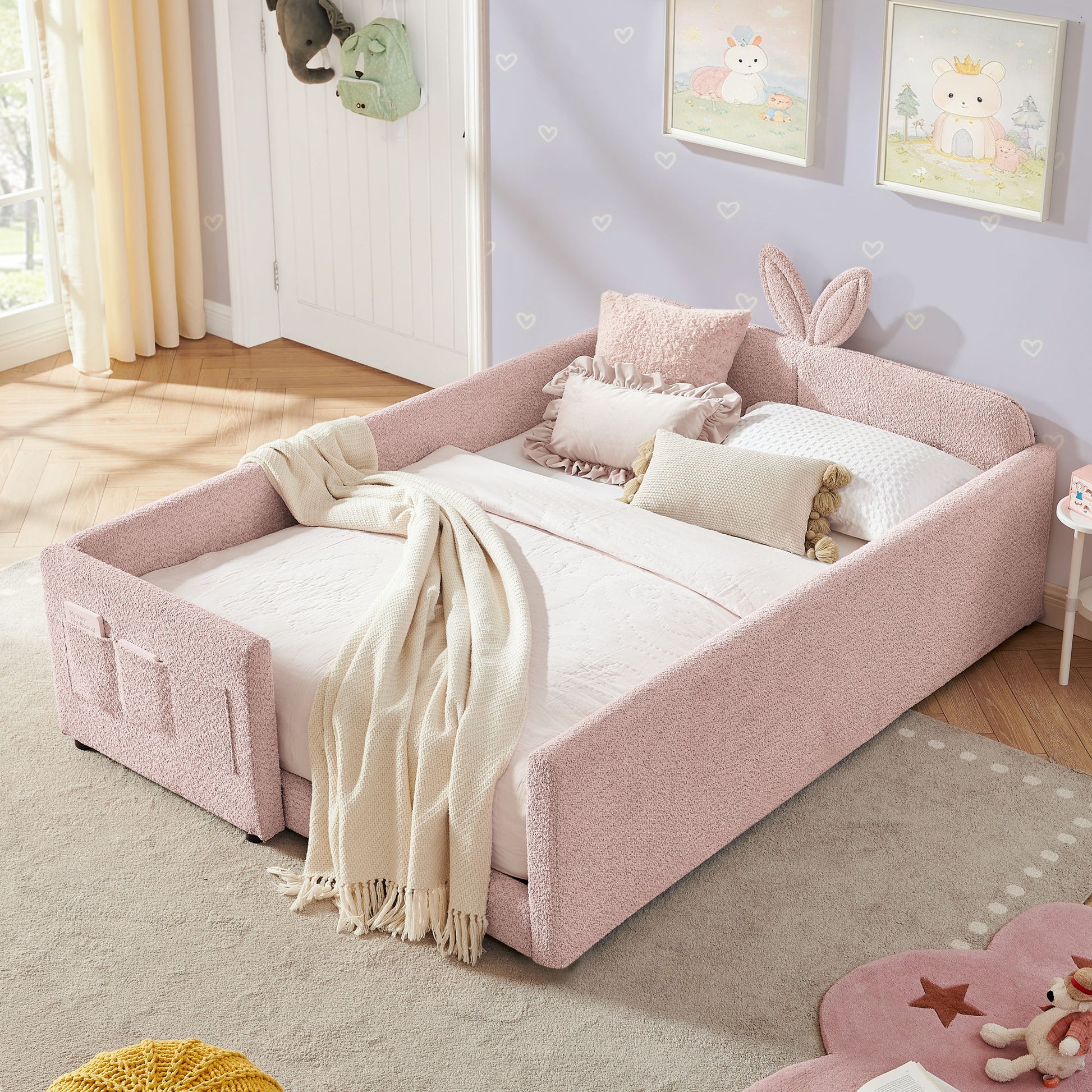 Cute Rabbit Ear Upholstered Platform Bed Frame With Safety Rail - The Sleep Loft - Online Mattress Showroom NYC