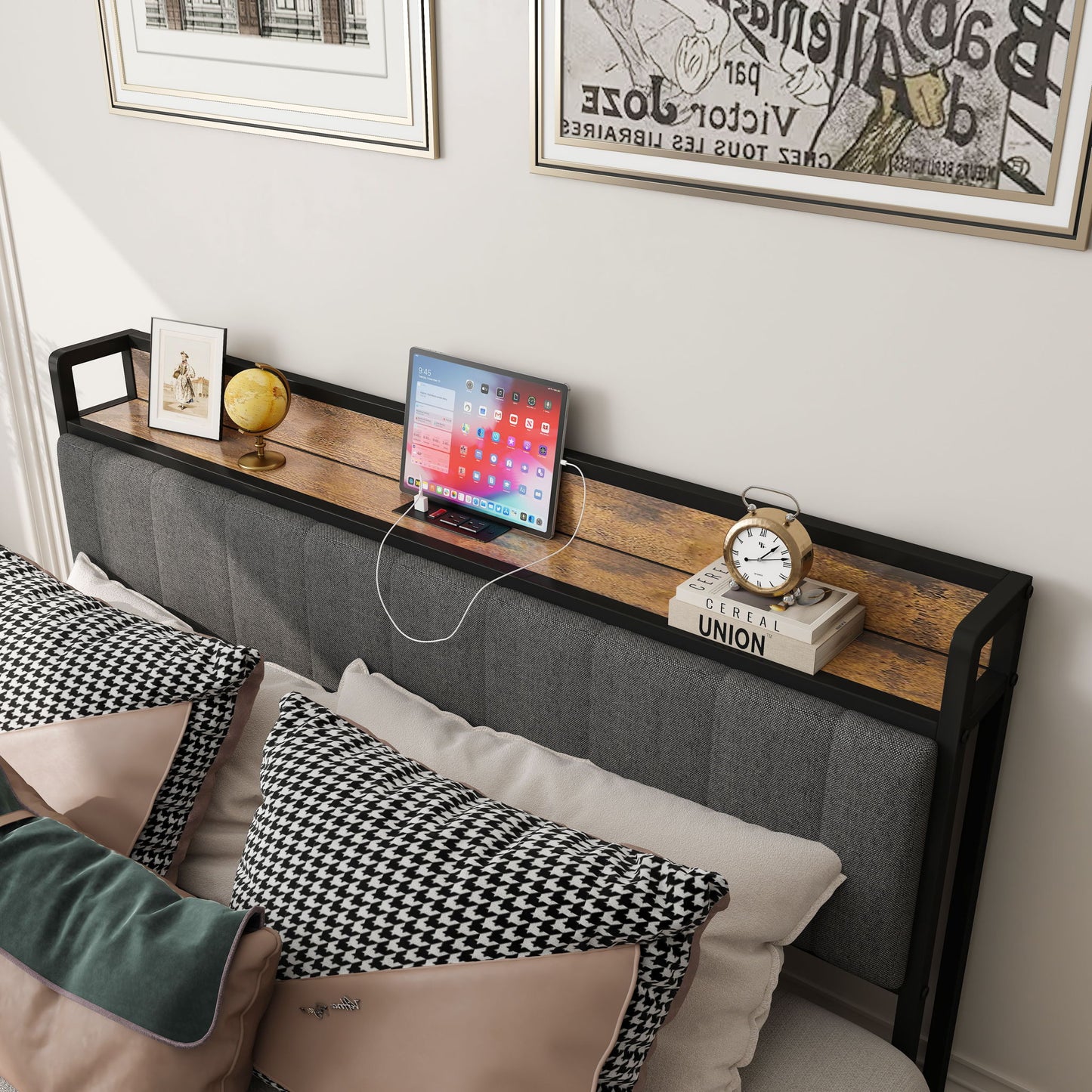 Bed With Charging Station, American Design Upholstered Headboard, Metal Platform - The Sleep Loft - Online Mattress Showroom NYC