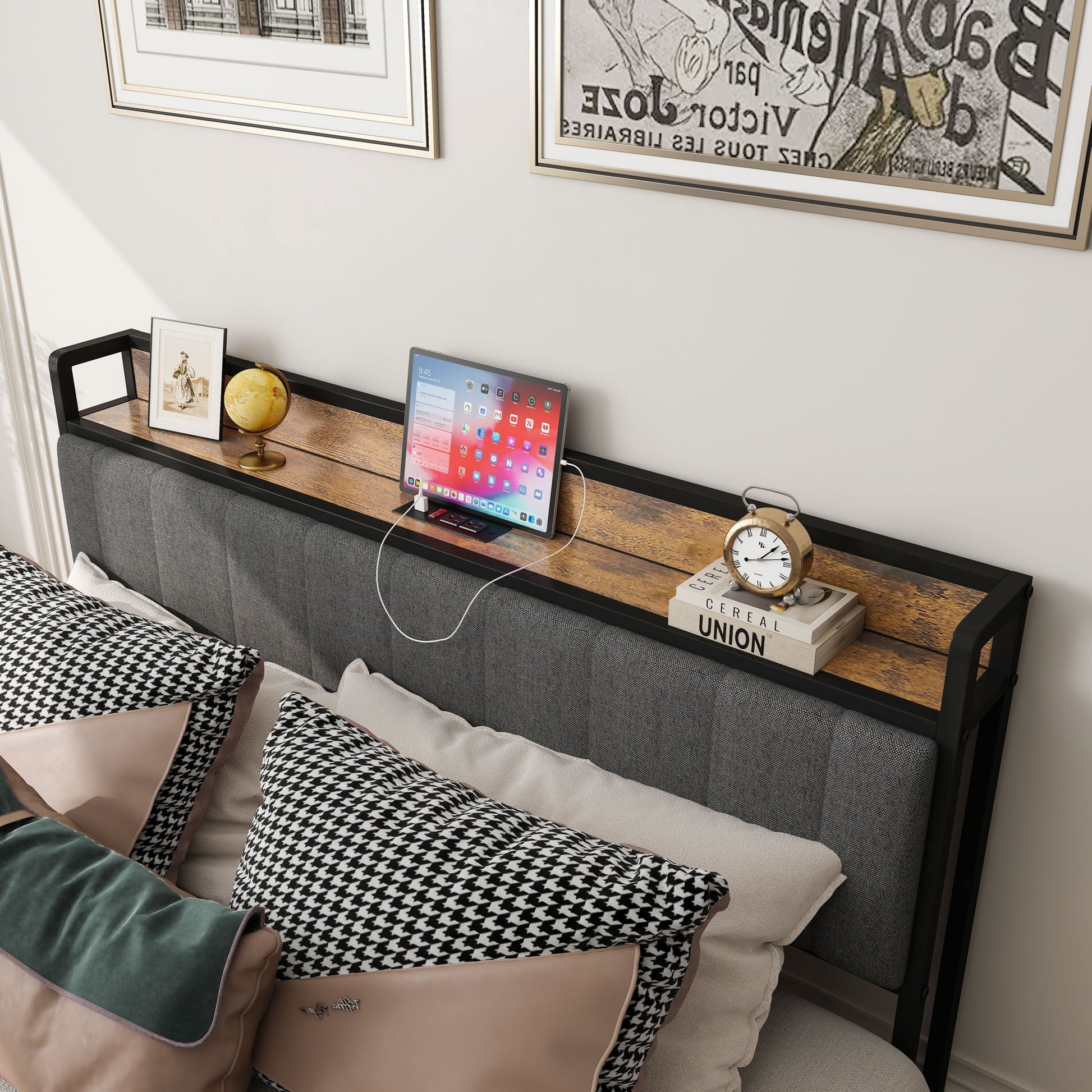 Bed With Charging Station, American Design Upholstered Headboard, Metal Platform - The Sleep Loft - Online Mattress Showroom NYC