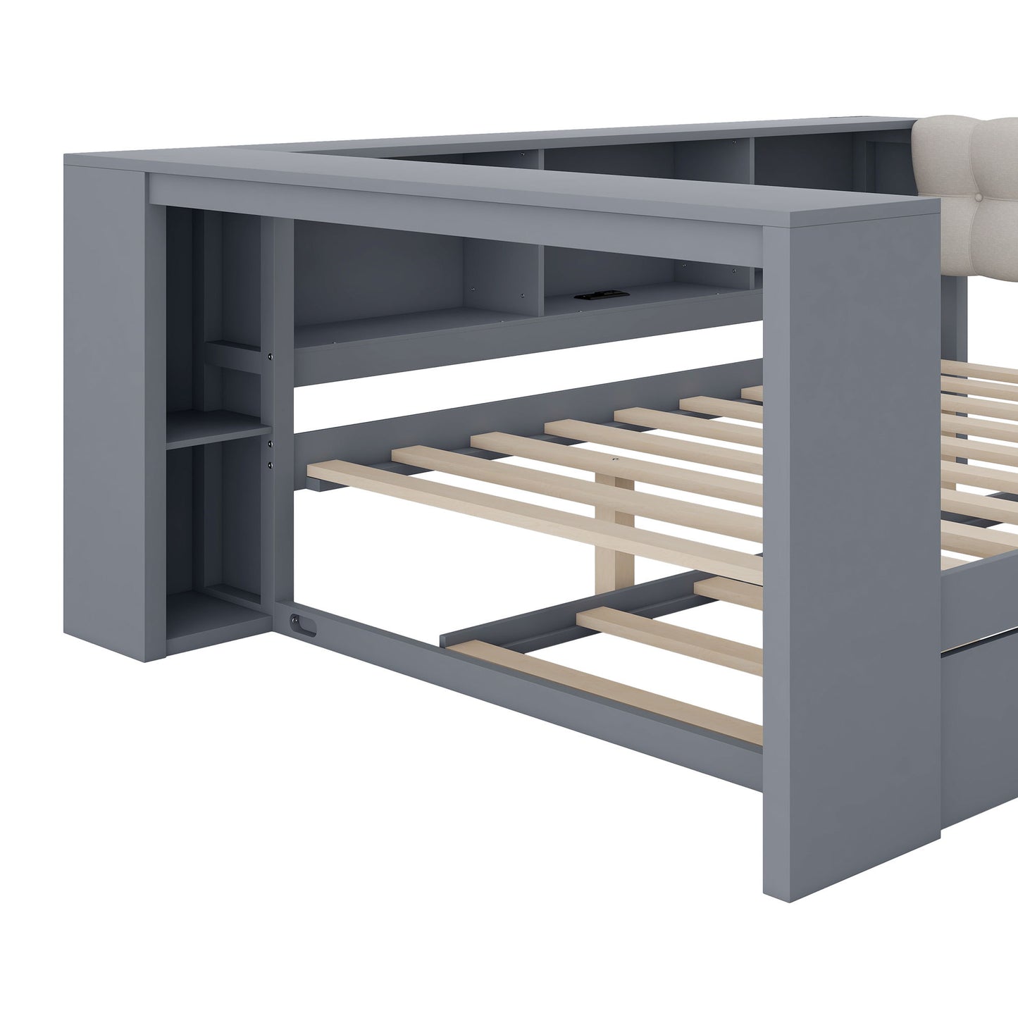 Upholstered Headboard Platform Bed With Storage Shelves, Trundle, Charging Station - The Sleep Loft - Online Mattress Showroom NYC