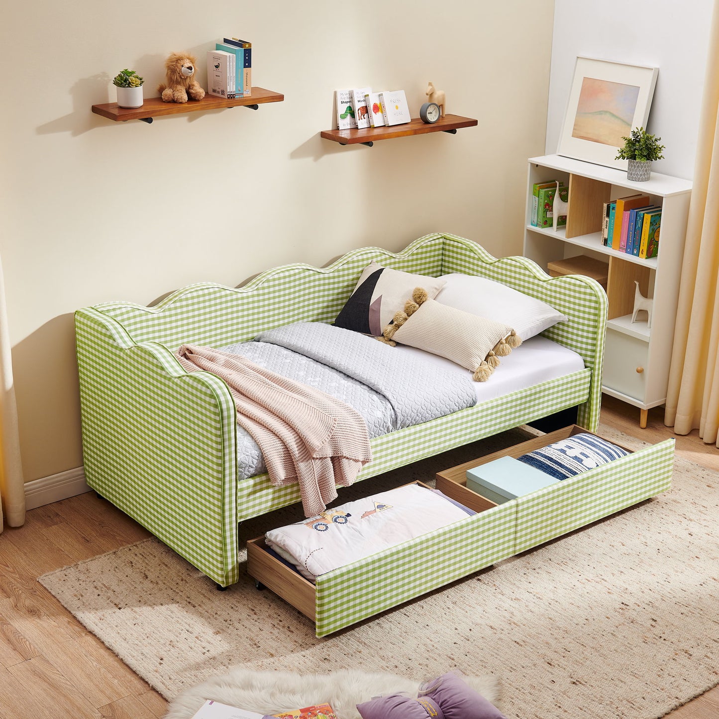 Gingham Daybed With USB Charging Port, Wave-Shaped Design - The Sleep Loft - Online Mattress Showroom NYC