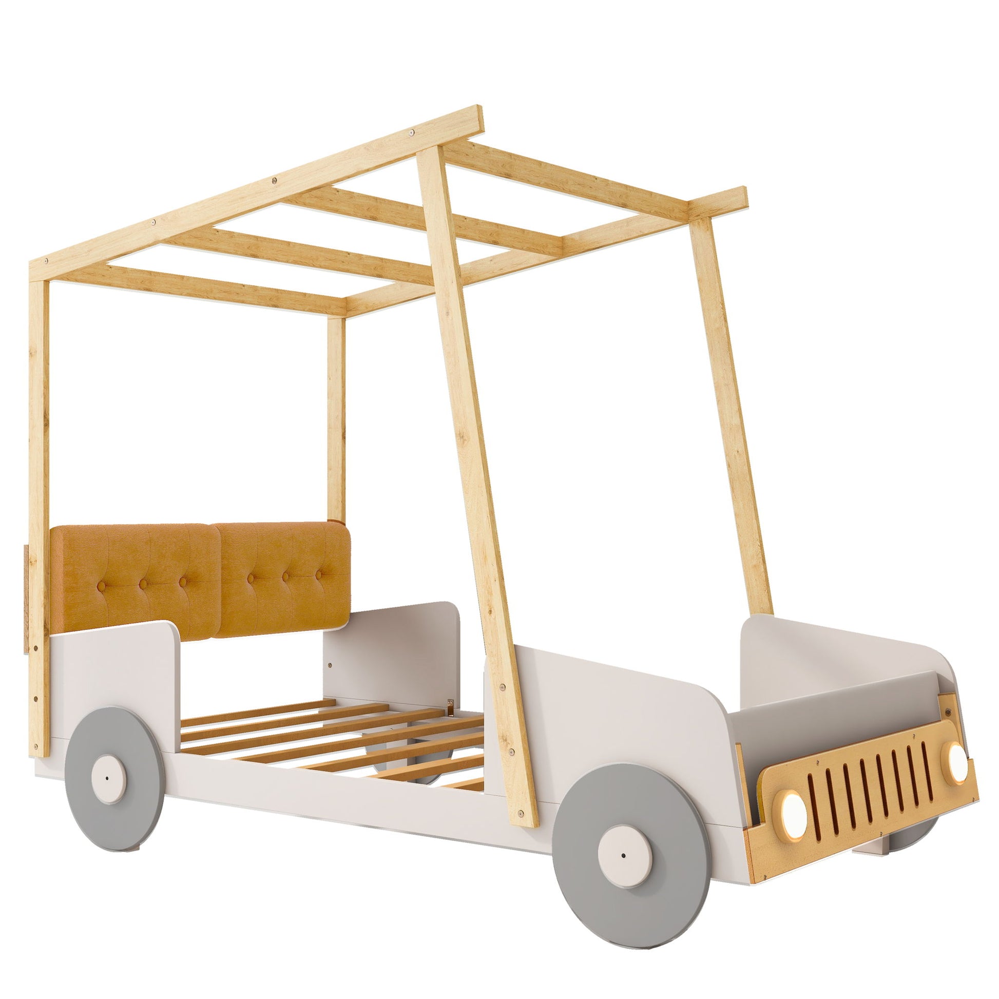 Twin Size Car Bed With Pillow, Ceiling Cloth And LED - Natural - The Sleep Loft - Online Mattress Showroom NYC