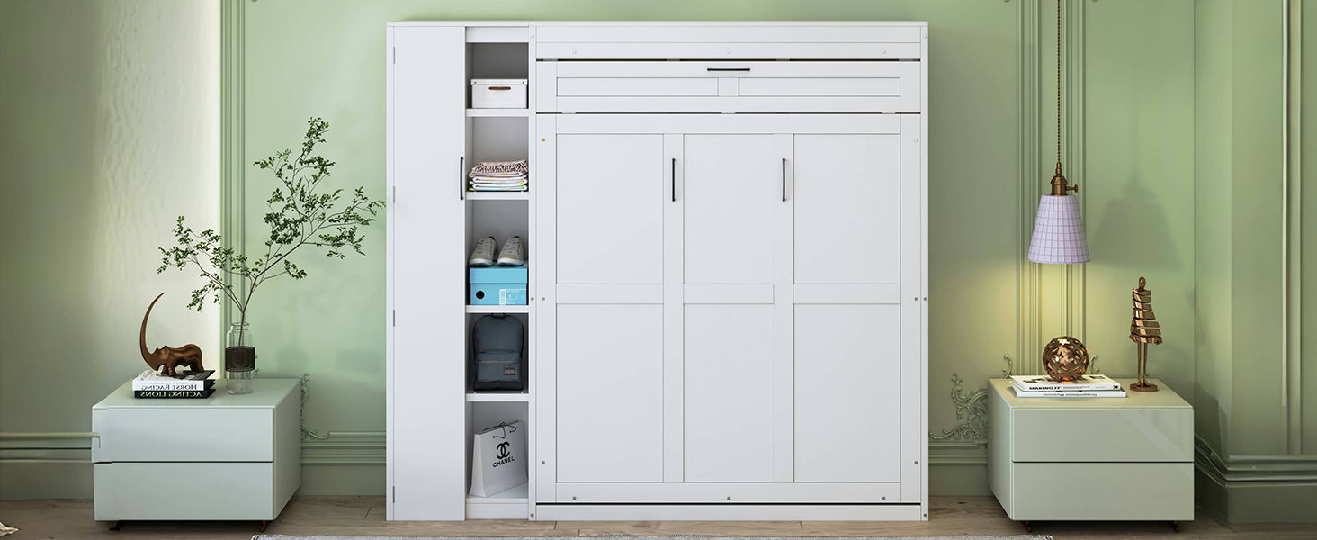 Murphy Wall Bed With Shelves, Wardrobe And LED Lights - The Sleep Loft - Online Mattress Showroom NYC