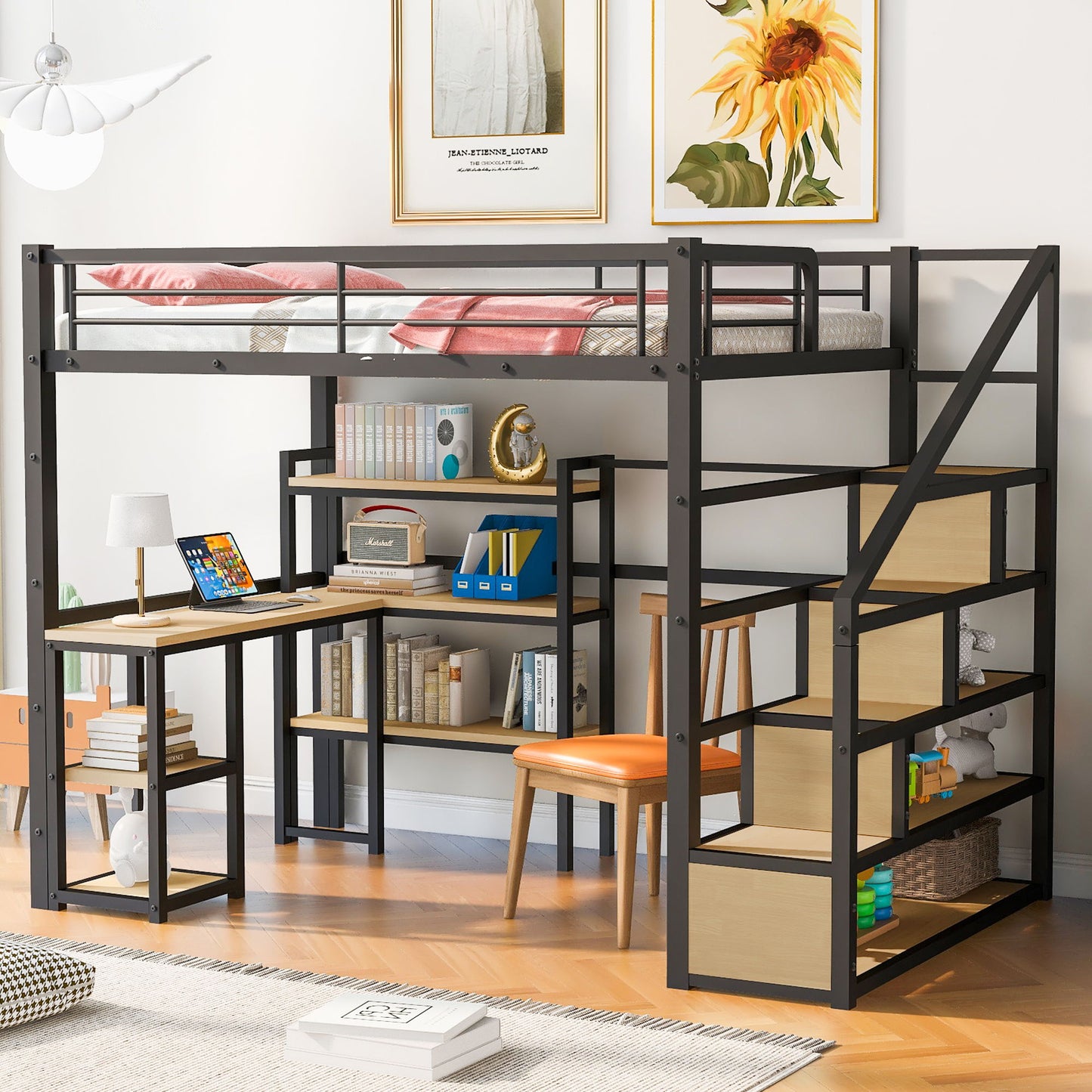 Full Size Loft Bed With Staircase, Built In Desk And Shelves And Sleeping Surface - Black - The Sleep Loft - Online Mattress Showroom NYC