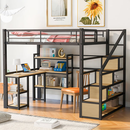 Full Size Loft Bed With Staircase, Built In Desk And Shelves And Sleeping Surface - Black - The Sleep Loft - Online Mattress Showroom NYC