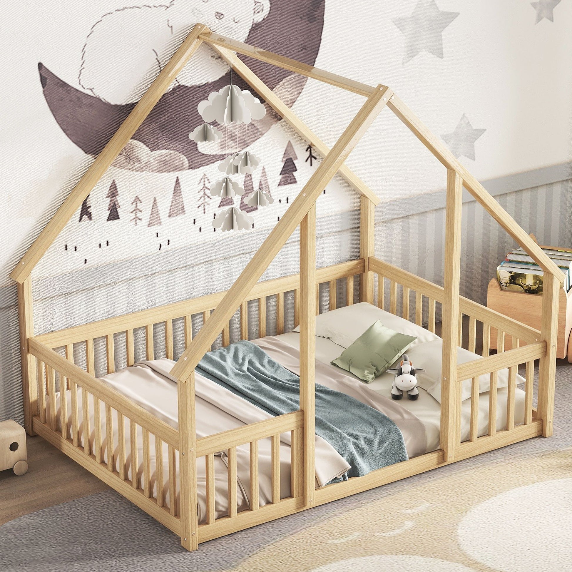 Wood House-Shaped Floor Bed With Fence, Guardrails - The Sleep Loft - Online Mattress Showroom NYC
