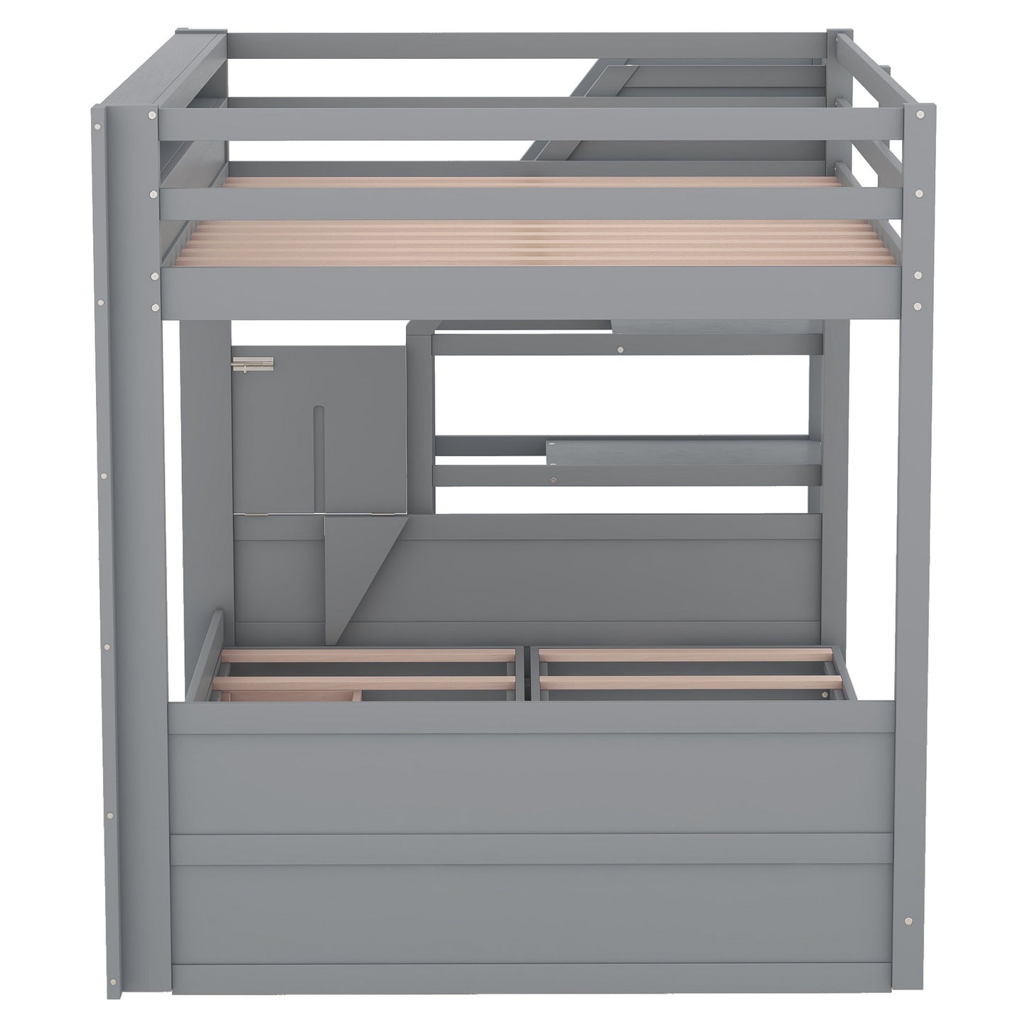 Wood Full Size Convertible Bunk Bed With Storage Staircase, Bedside Table, And 3 Drawers - Gray - The Sleep Loft - Online Mattress Showroom NYC