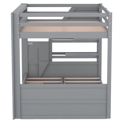 Wood Full Size Convertible Bunk Bed With Storage Staircase, Bedside Table, And 3 Drawers - Gray - The Sleep Loft - Online Mattress Showroom NYC