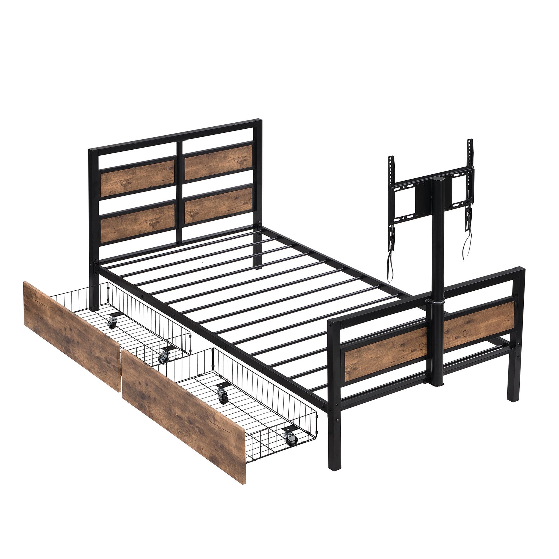Twin Size Platform Bed With Headboard And Footboard, 2 Storage Drawers And Rotatable TV Stand - Black - The Sleep Loft - Online Mattress Showroom NYC