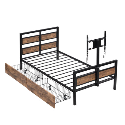 Twin Size Platform Bed With Headboard And Footboard, 2 Storage Drawers And Rotatable TV Stand - Black - The Sleep Loft - Online Mattress Showroom NYC