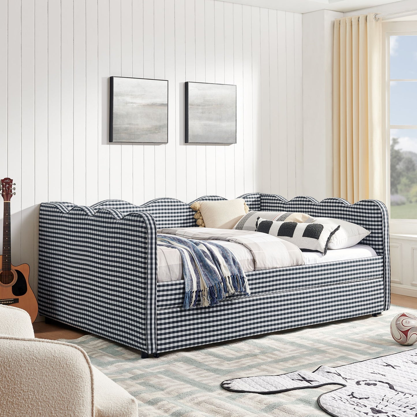Gingham Daybed With USB Charging Port, Wave-Shaped Design - The Sleep Loft - Online Mattress Showroom NYC