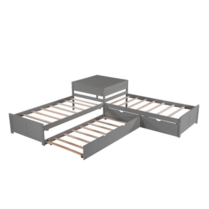 L Shaped Platform Bed With Trundle And Drawers Linked With Built In Desk - The Sleep Loft - Online Mattress Showroom NYC
