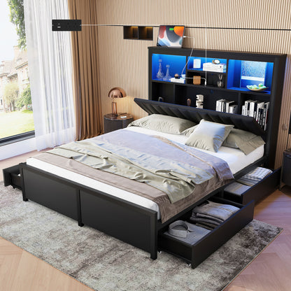 Bed Frame With High Storage Headboard, LED Light And Charging Station, 4 Storage Drawers - The Sleep Loft - Online Mattress Showroom NYC