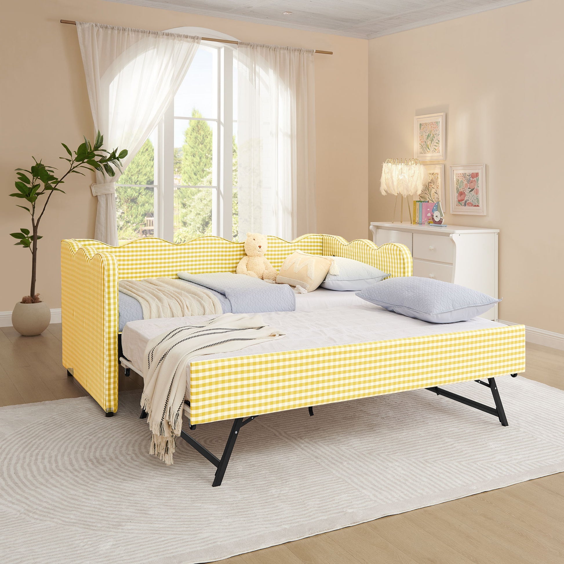 Gingham Daybed With USB Charging Port, Wave-Shaped Design - The Sleep Loft - Online Mattress Showroom NYC