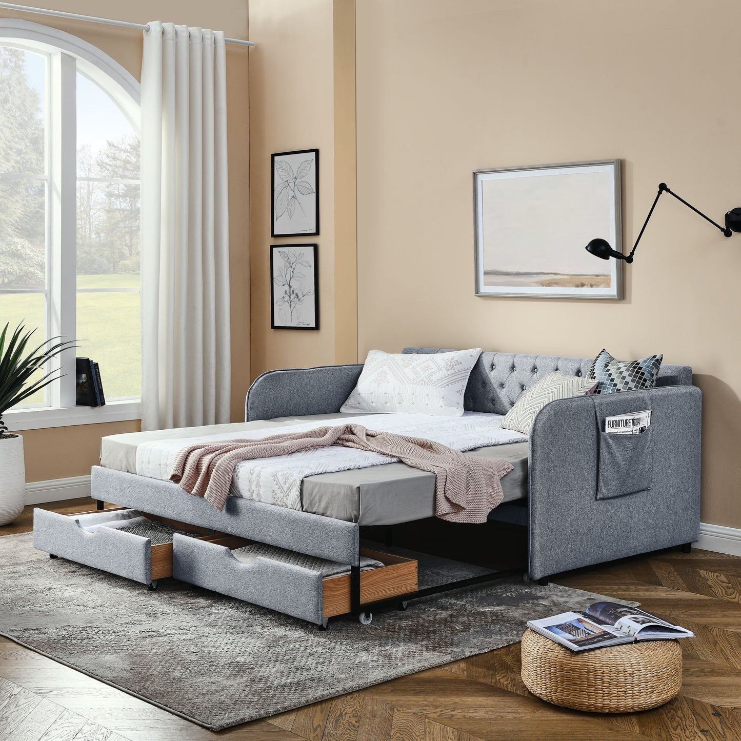 Daybed With Trundle And Storage Drawers, Flat Arms With Pocket - The Sleep Loft - Online Mattress Showroom NYC