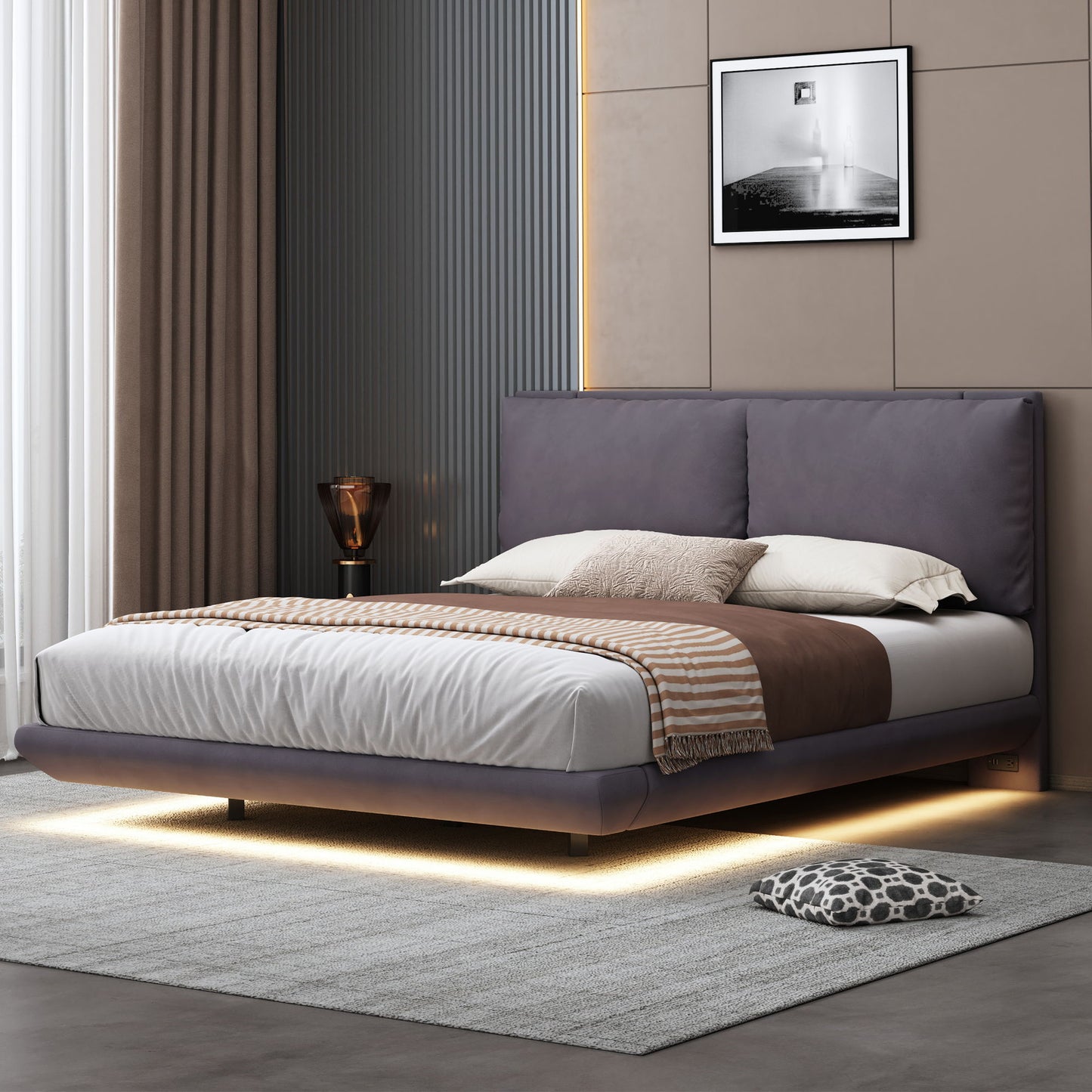 Upholstered Platform Bed With Sensor Light And 2 Large Backrests, With 2 Sets Of USB Port And Socket On Each Rear Bed Leg - The Sleep Loft - Online Mattress Showroom NYC