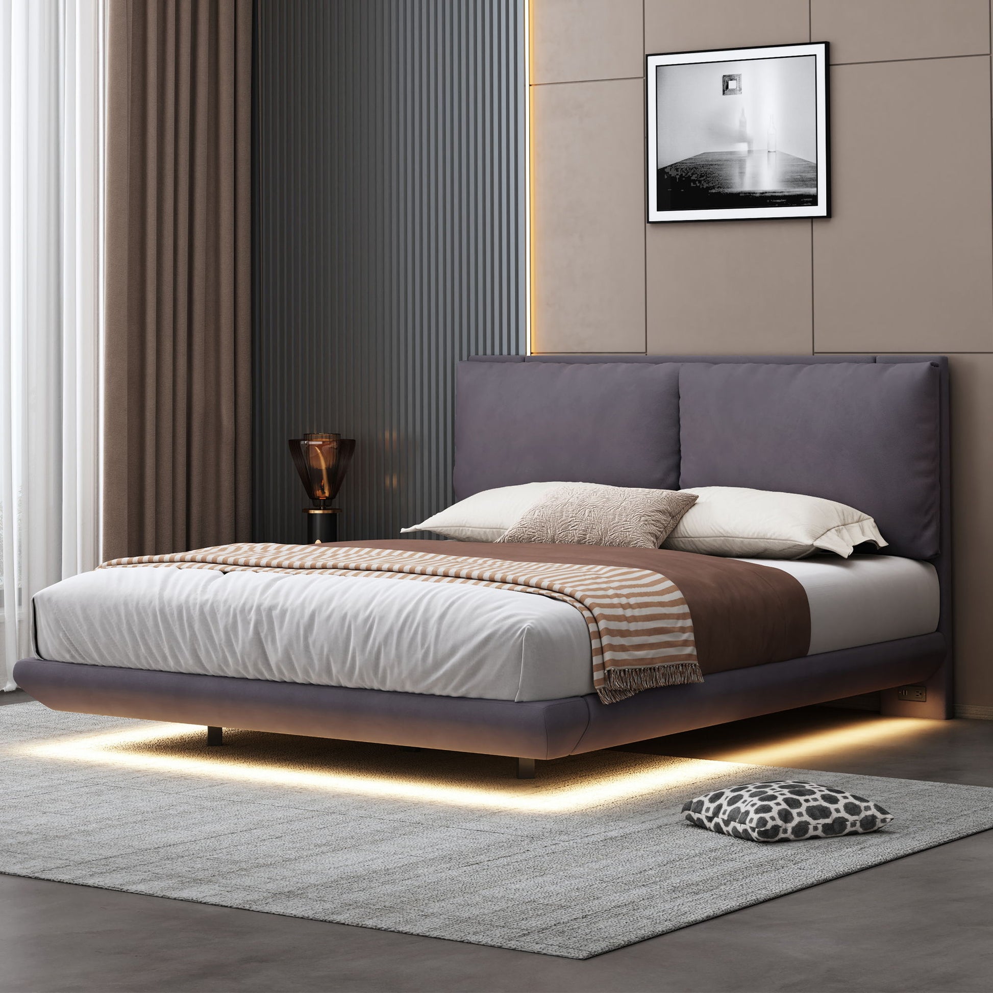 Upholstered Platform Bed With Sensor Light And 2 Large Backrests, With 2 Sets Of USB Port And Socket On Each Rear Bed Leg - The Sleep Loft - Online Mattress Showroom NYC