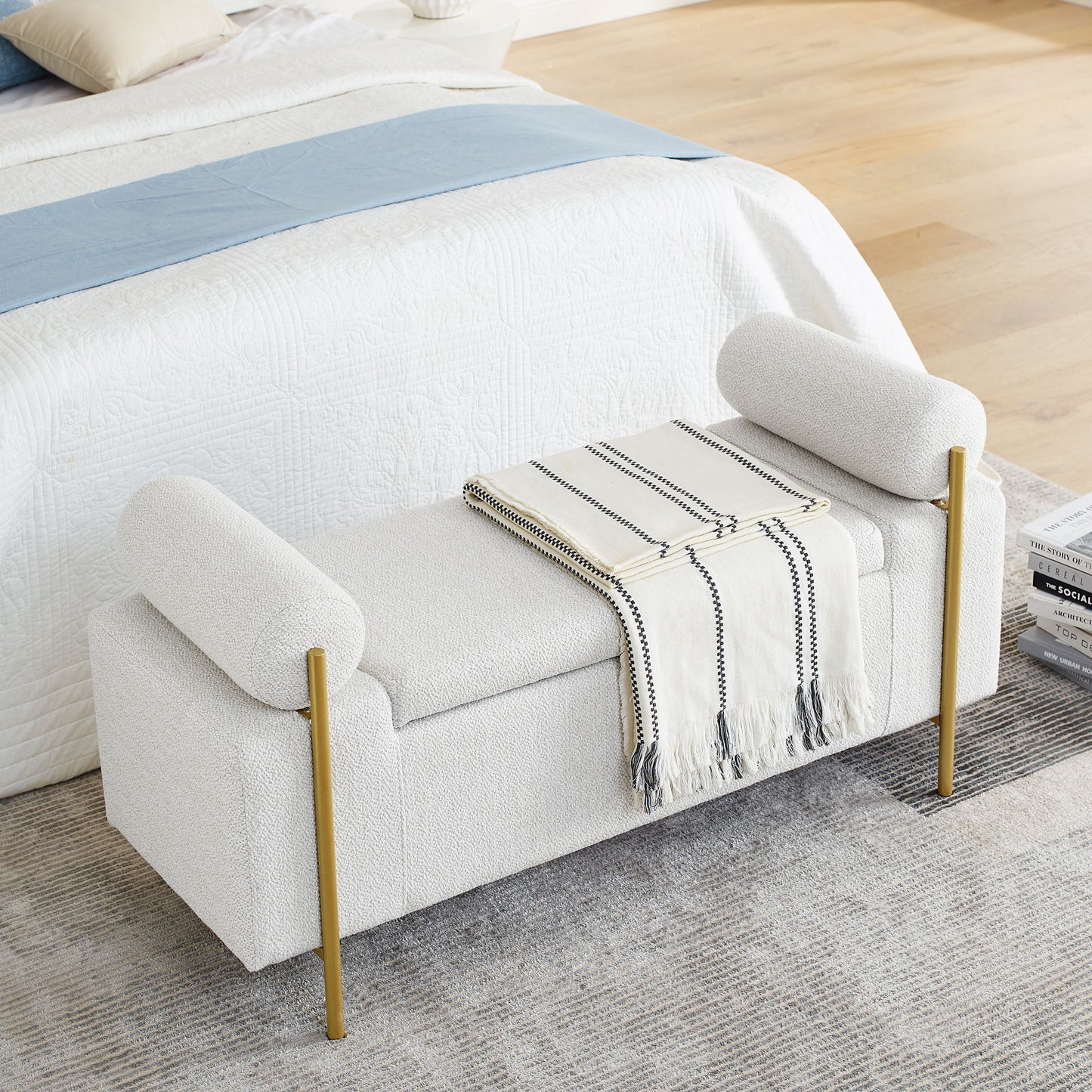 Elegant Upholstered Storage Bench With Cylindrical Arms And Iron Legs, - The Sleep Loft - Online Mattress Showroom NYC