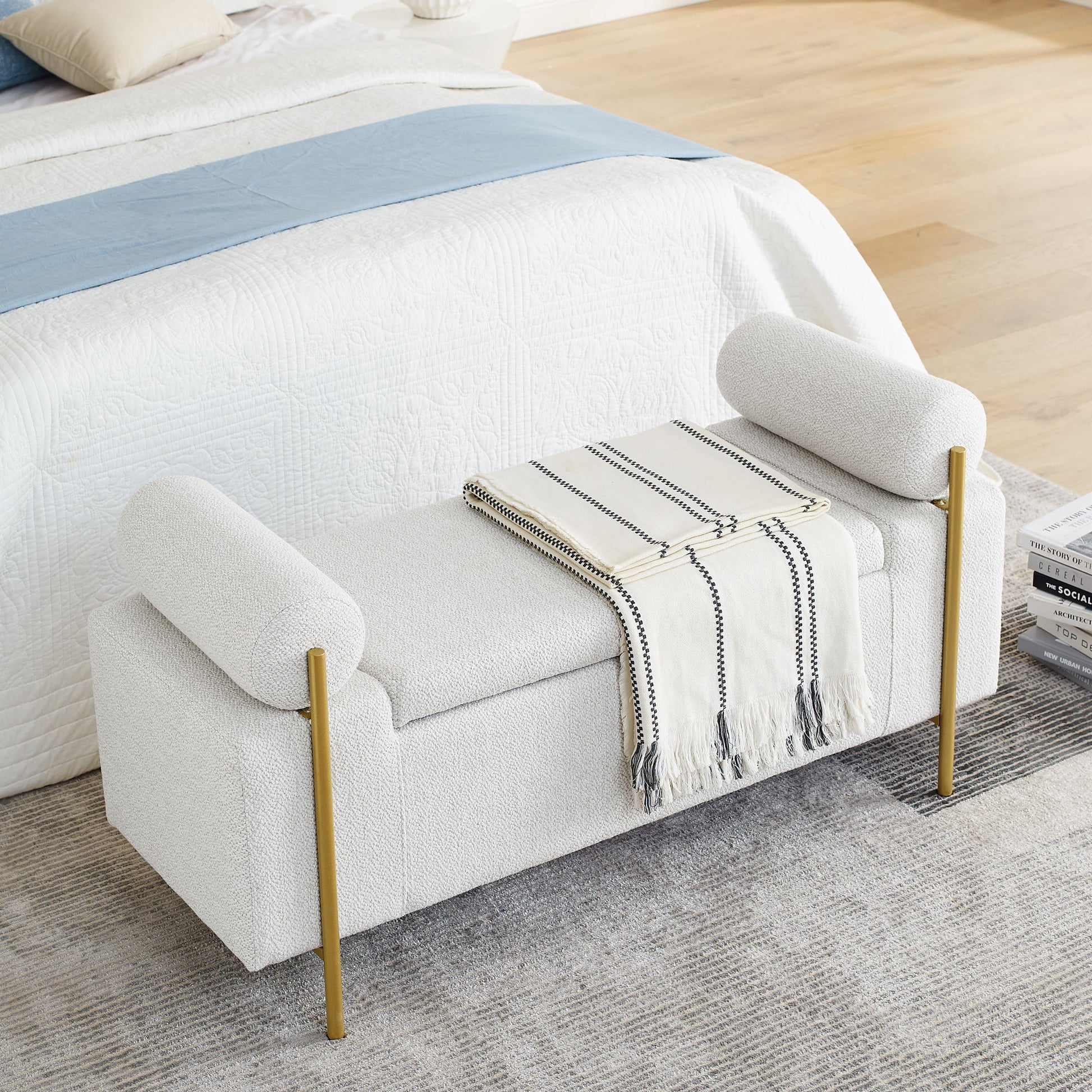 Elegant Upholstered Storage Bench With Cylindrical Arms And Iron Legs, - The Sleep Loft - Online Mattress Showroom NYC