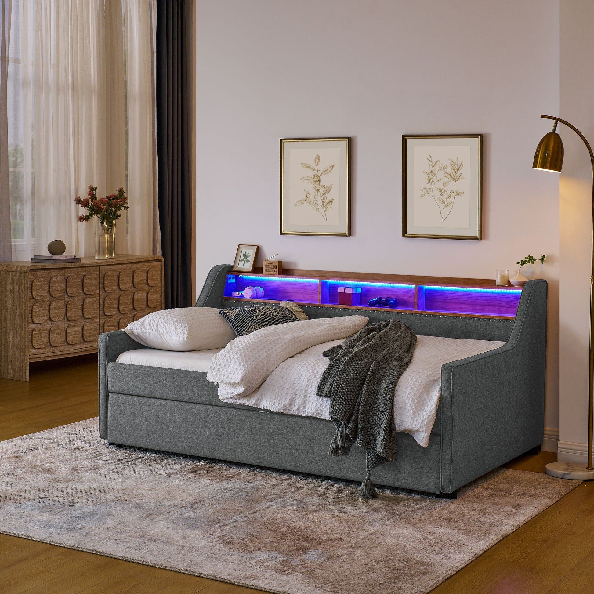 Upholstered Sofa Bed With LED Lights, Storage Headboard, Foldable Trundle & Wireless Charging - The Sleep Loft - Online Mattress Showroom NYC