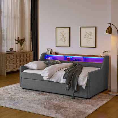 Upholstered Sofa Bed With LED Lights, Storage Headboard, Foldable Trundle & Wireless Charging - The Sleep Loft - Online Mattress Showroom NYC