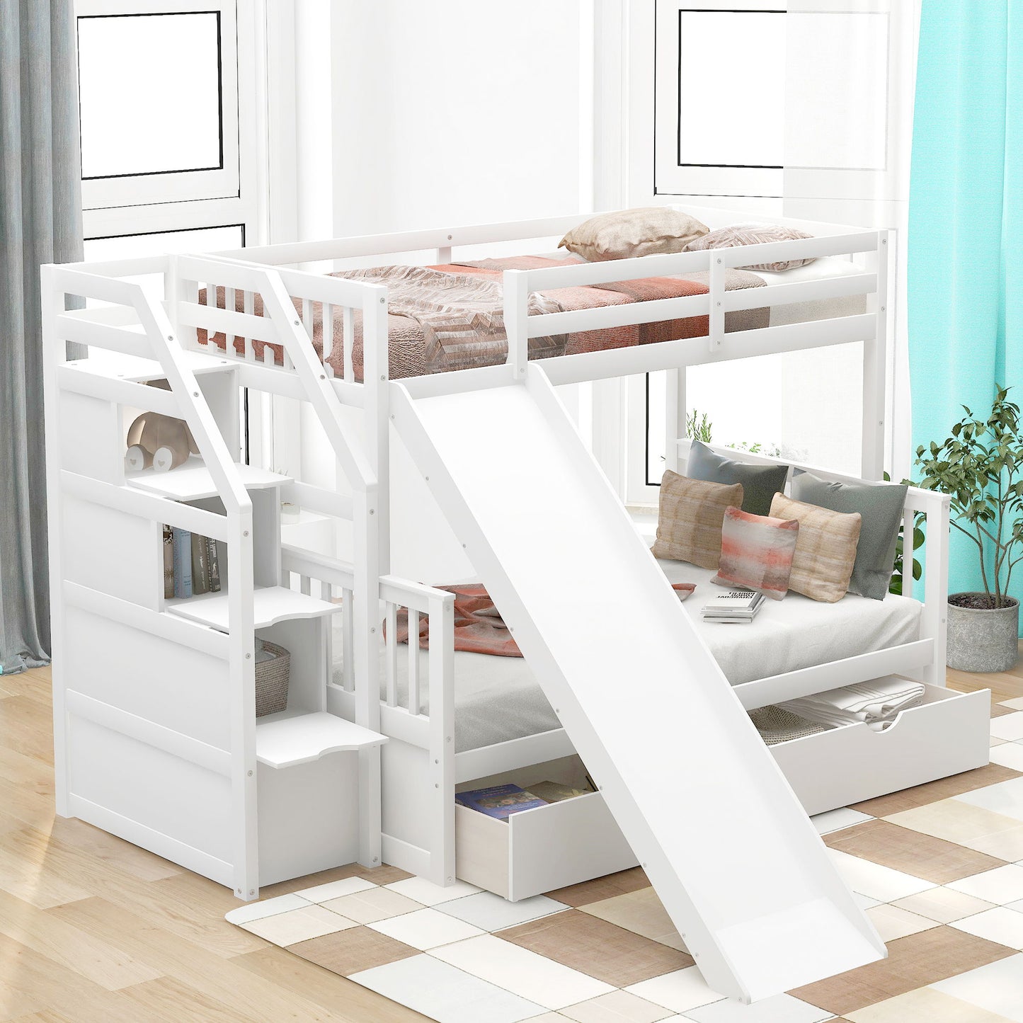 Bunk Bed With Storage Staircase, Slide, Desk, Drawers, And Shelves - The Sleep Loft - Online Mattress Showroom NYC