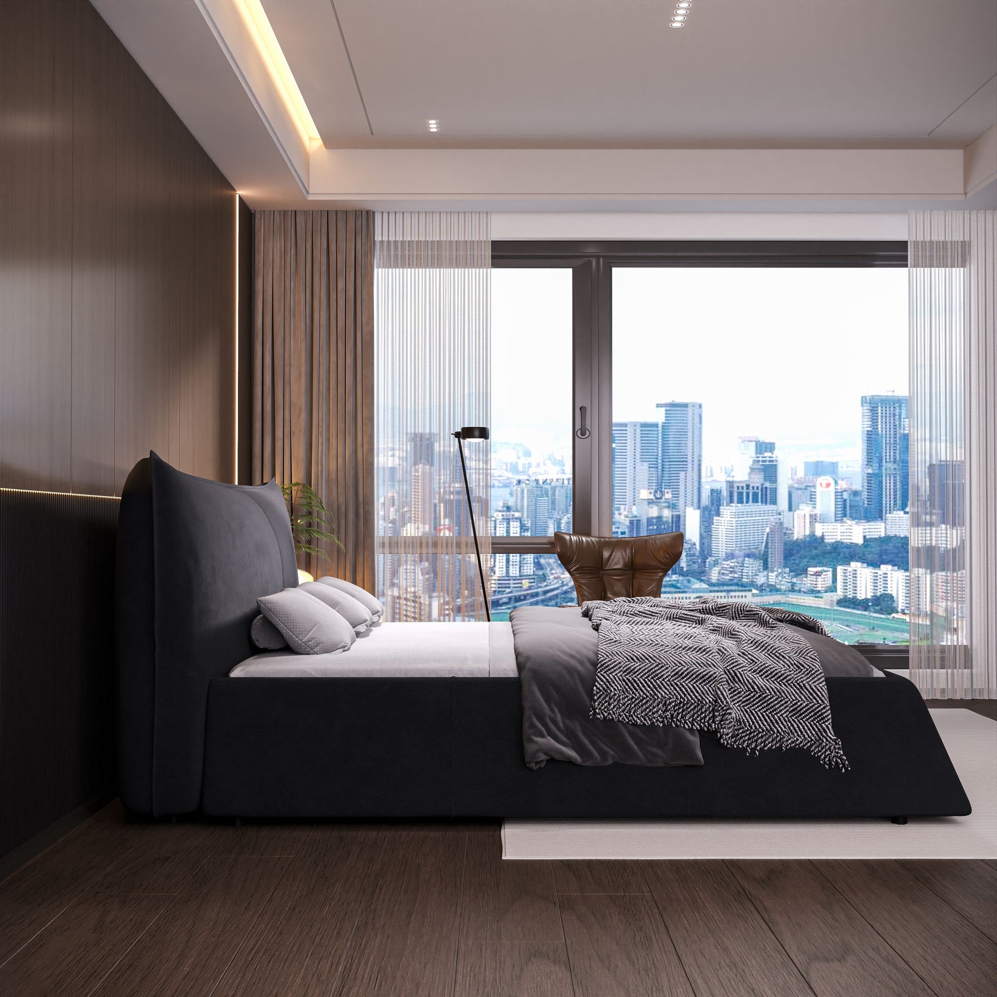 Upholstered Platform Bed With Special Shaped Headboard - The Sleep Loft - Online Mattress Showroom NYC