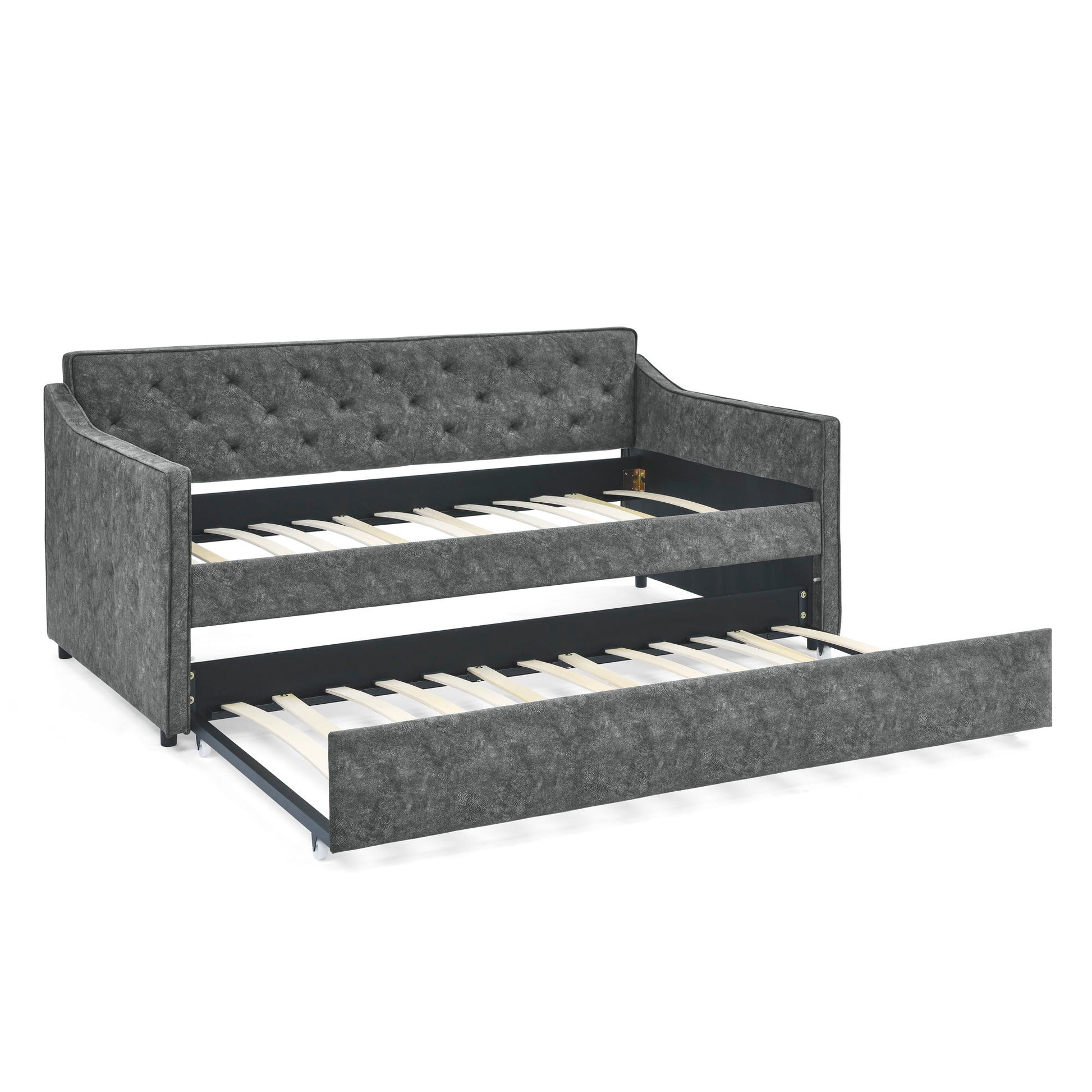 Twin Upholstered Daybed With Trundle, Waved Arms - Gray - The Sleep Loft - Online Mattress Showroom NYC