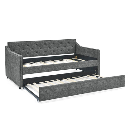 Twin Upholstered Daybed With Trundle, Waved Arms - Gray - The Sleep Loft - Online Mattress Showroom NYC