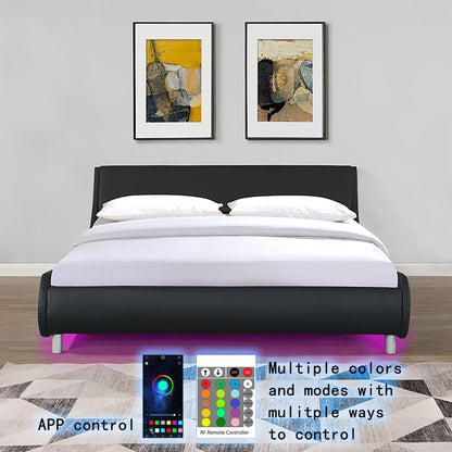 Queen Size Upholstered Platform Bed Frame, LED Lighting With Remote Controller And App, Curve Design, Wood Slat Support, No Box Spring Needed - Black - The Sleep Loft - Online Mattress Showroom NYC