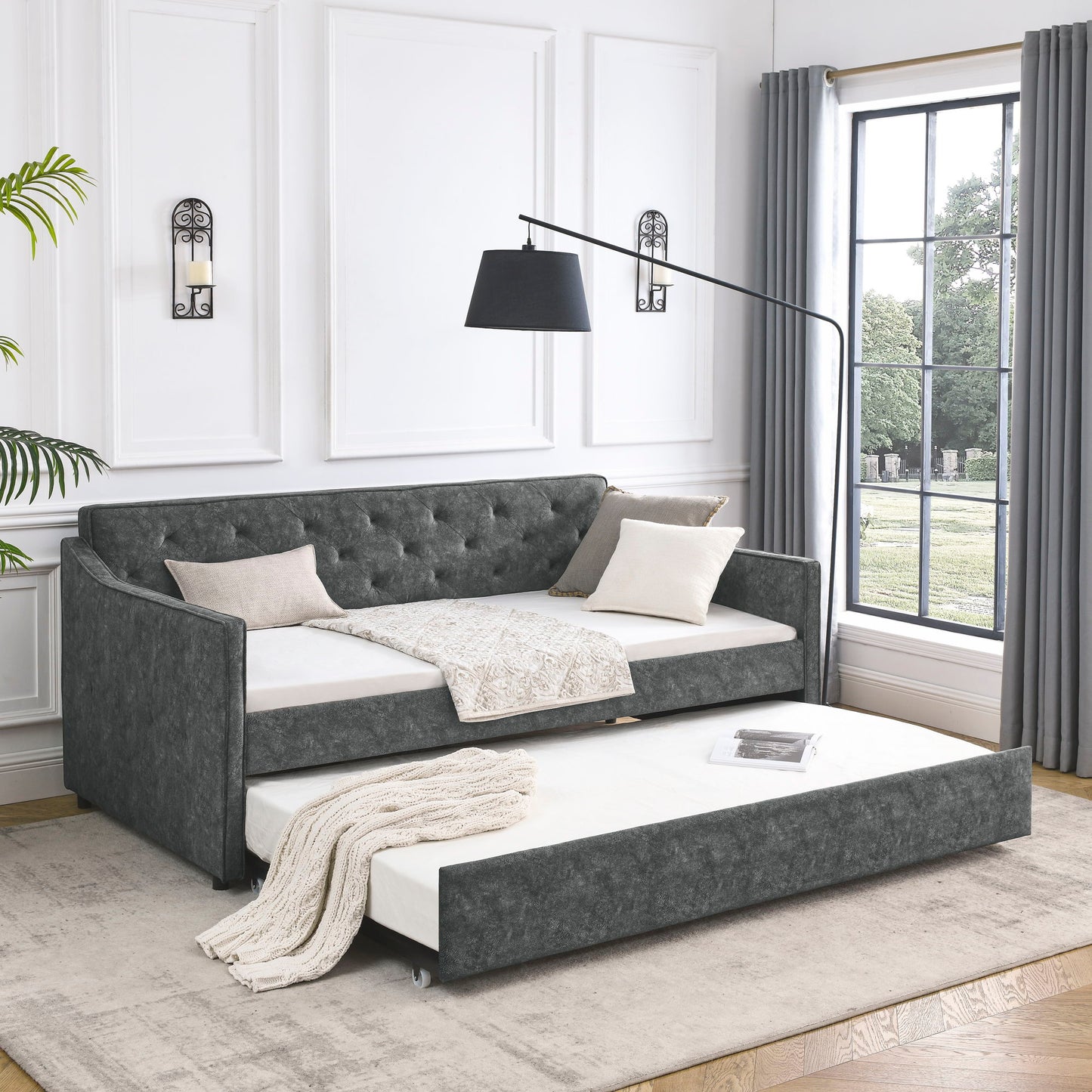 Twin Upholstered Daybed With Trundle, Waved Arms - Gray - The Sleep Loft - Online Mattress Showroom NYC