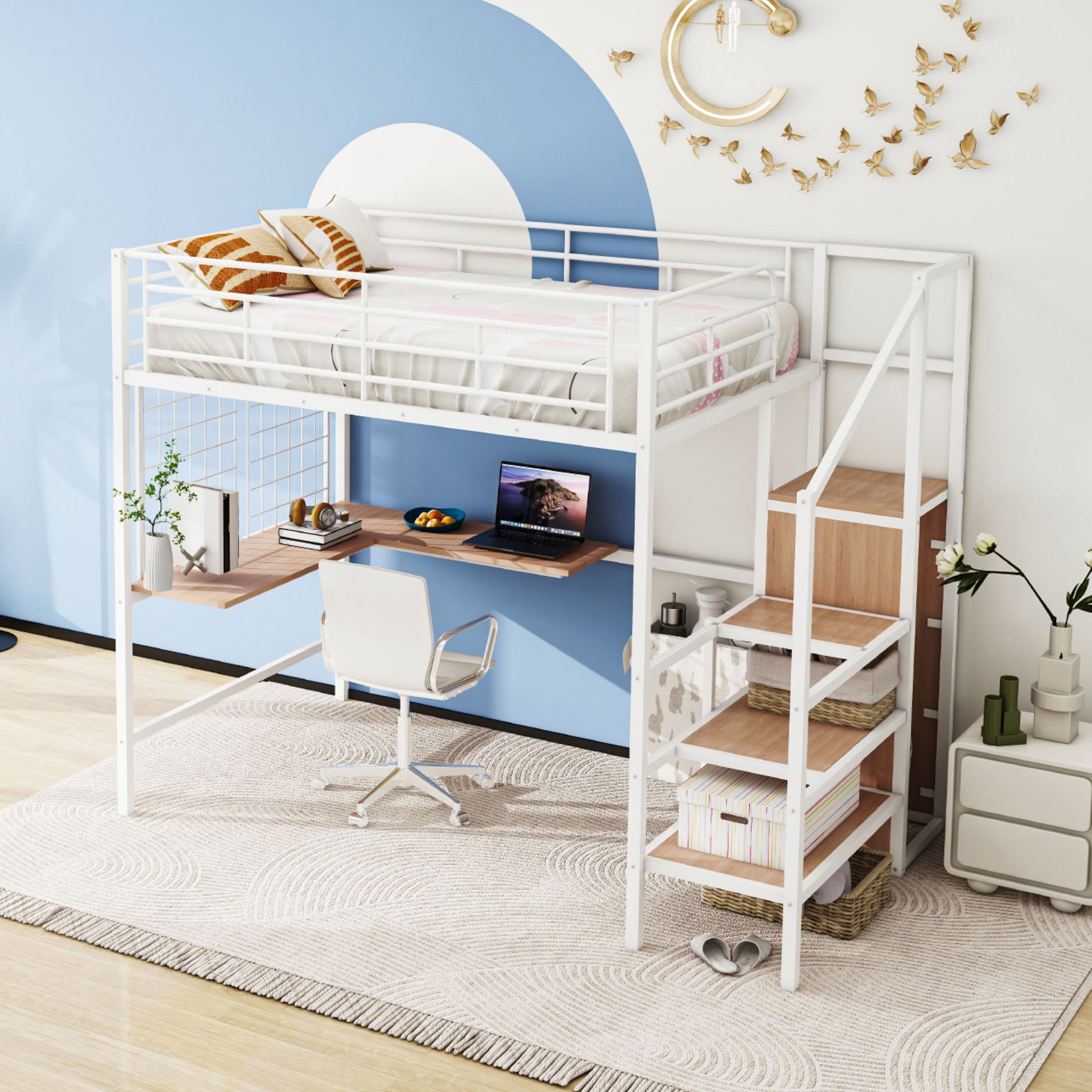 Loft Bed With Desk And Grid, Stylish Frame With Lateral Storage Ladder And Wardrobe - The Sleep Loft - Online Mattress Showroom NYC