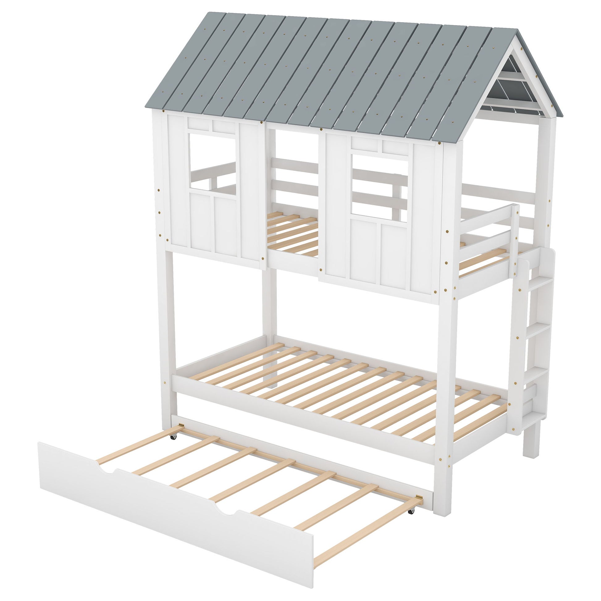 Twin Size House Bunk Bed With Trundle, Roof And Windows - White / Gray - The Sleep Loft - Online Mattress Showroom NYC