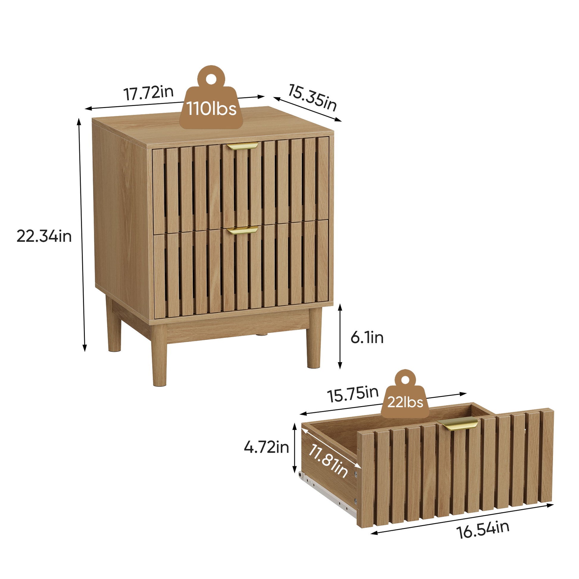 Bedside Table With Grille Design And 2 Drawers, Side Table For Bedroom - Oak - The Sleep Loft - Online Mattress Showroom NYC