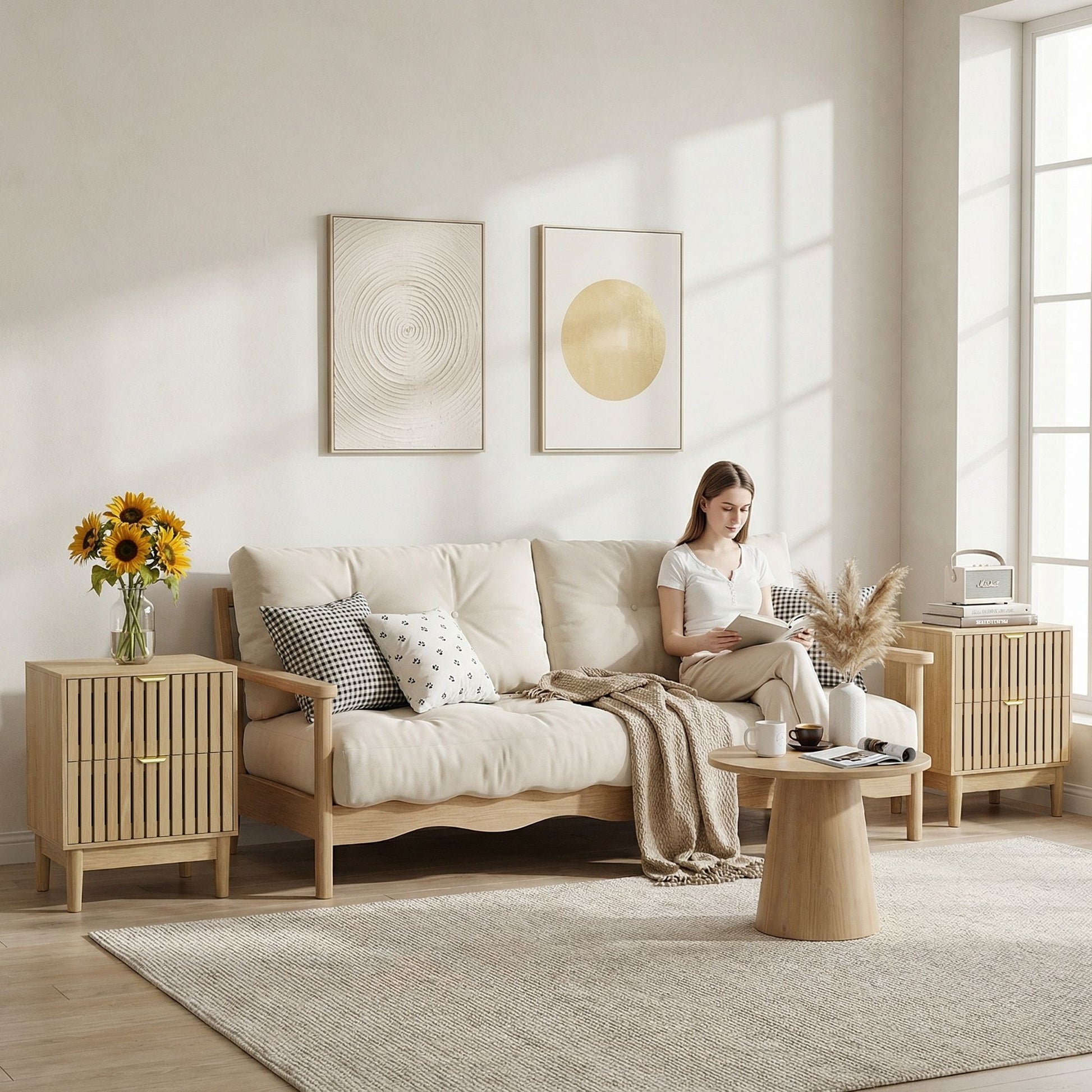 Bedside Table With Grille Design And 2 Drawers, Side Table For Bedroom - Oak - The Sleep Loft - Online Mattress Showroom NYC