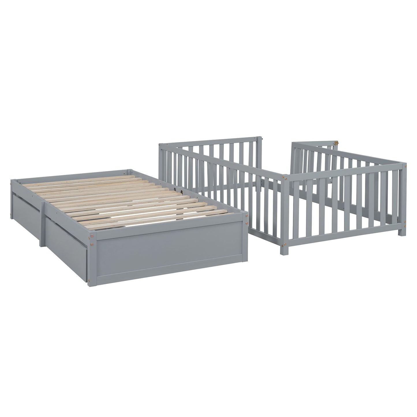 Daybed With Fence Guardrails And 2 Drawers, Split Into Independent Floor Bed & Daybed - The Sleep Loft - Online Mattress Showroom NYC