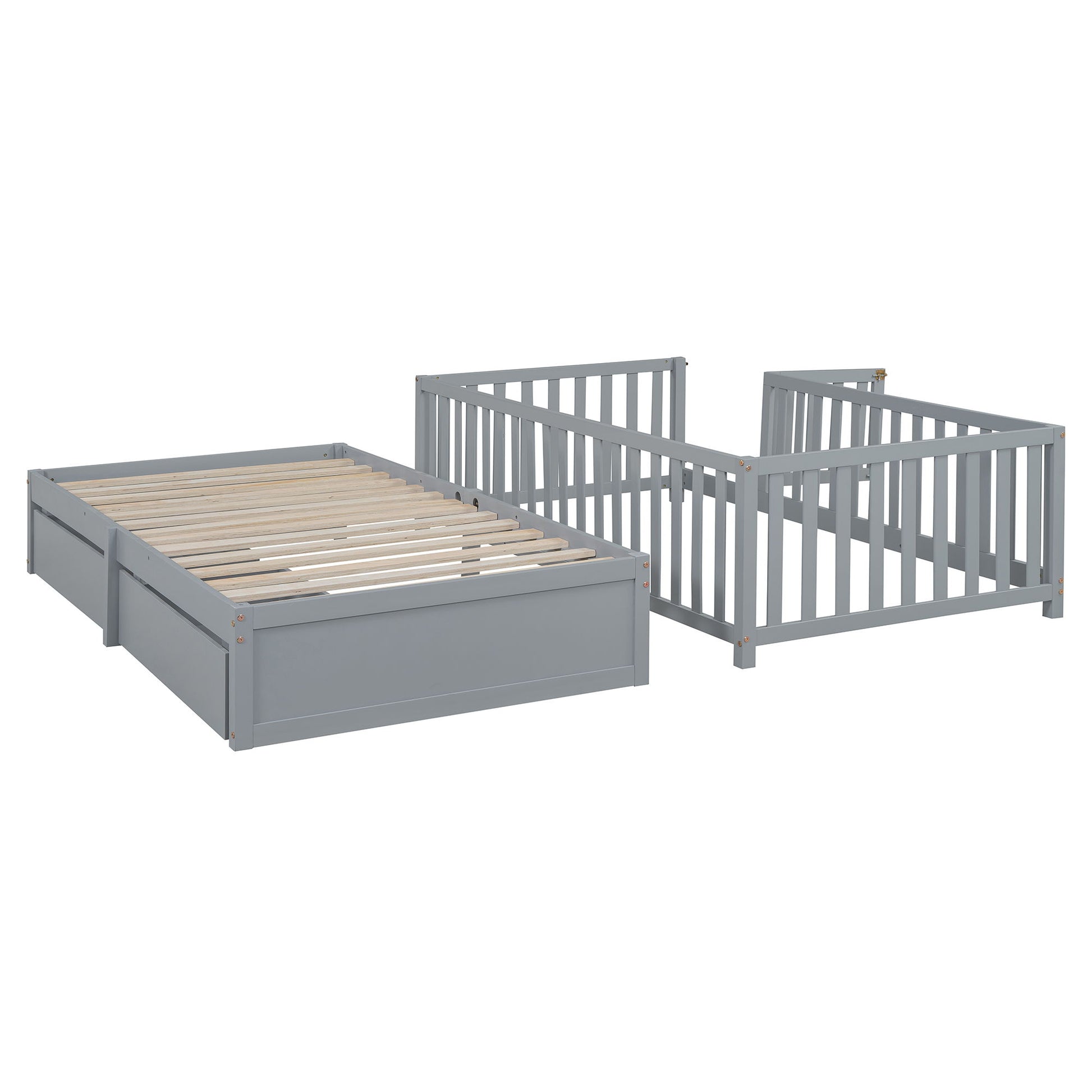 Daybed With Fence Guardrails And 2 Drawers, Split Into Independent Floor Bed & Daybed - The Sleep Loft - Online Mattress Showroom NYC