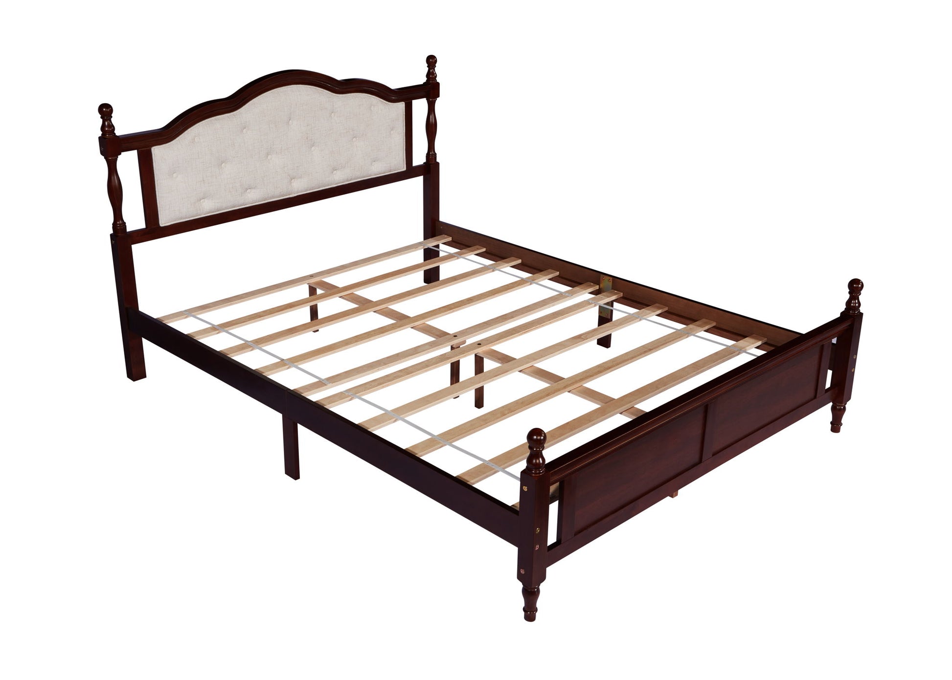 Pine Wooden Bed With Upholstered Headboard And Panel Footboard, With Two Bed Rail Support Feet And Central Platform Support Feet - The Sleep Loft - Online Mattress Showroom NYC