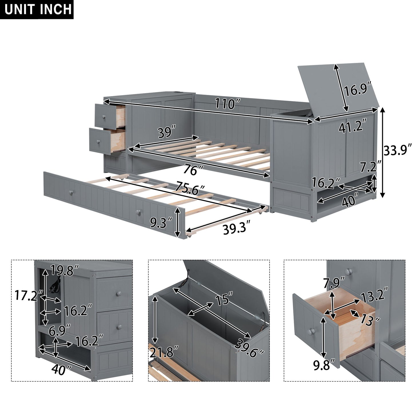 Daybed With Storage Arms, Trundle And Charging Station - The Sleep Loft - Online Mattress Showroom NYC