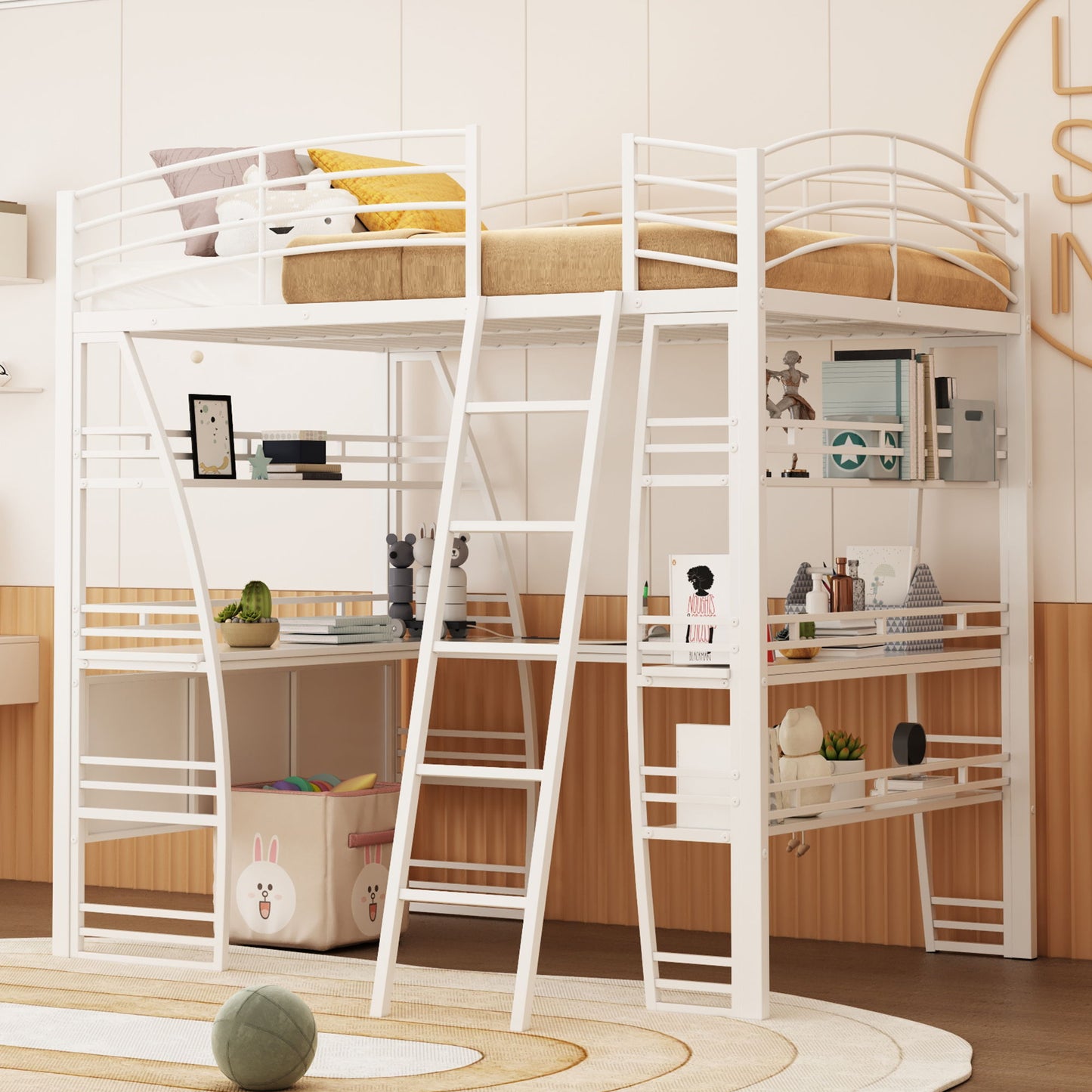 Loft Bed With 4 Layers Of Shelves And L-Shaped Desk, Stylish Metal Frame Bed With A Set Of Sockets, USB Ports And And Wireless Charging - The Sleep Loft - Online Mattress Showroom NYC