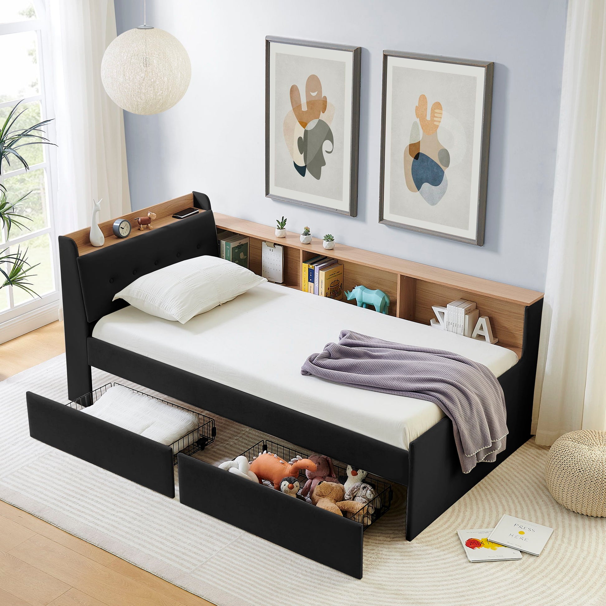 Upholstered Daybed With Storage Headboard, Wireless Charging, LED Lights - The Sleep Loft - Online Mattress Showroom NYC