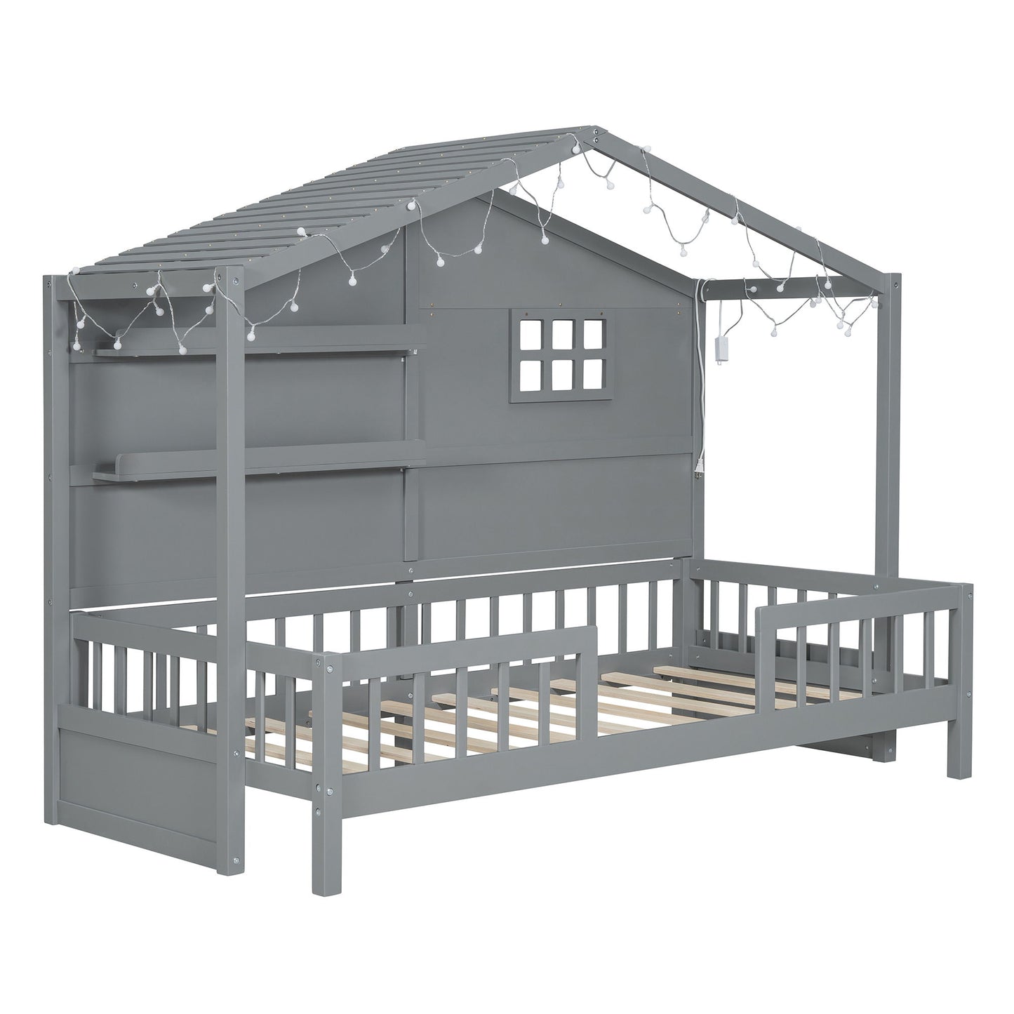 House Bed With Shelves, Window And Sparkling Light Strip On The Roof - The Sleep Loft - Online Mattress Showroom NYC