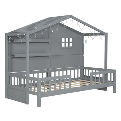 House Bed With Shelves, Window And Sparkling Light Strip On The Roof - The Sleep Loft - Online Mattress Showroom NYC