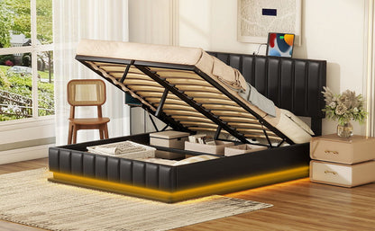 Upholstered Bed With Hydraulic Storage System And LED Light, With Sockets And USB Ports - The Sleep Loft - Online Mattress Showroom NYC