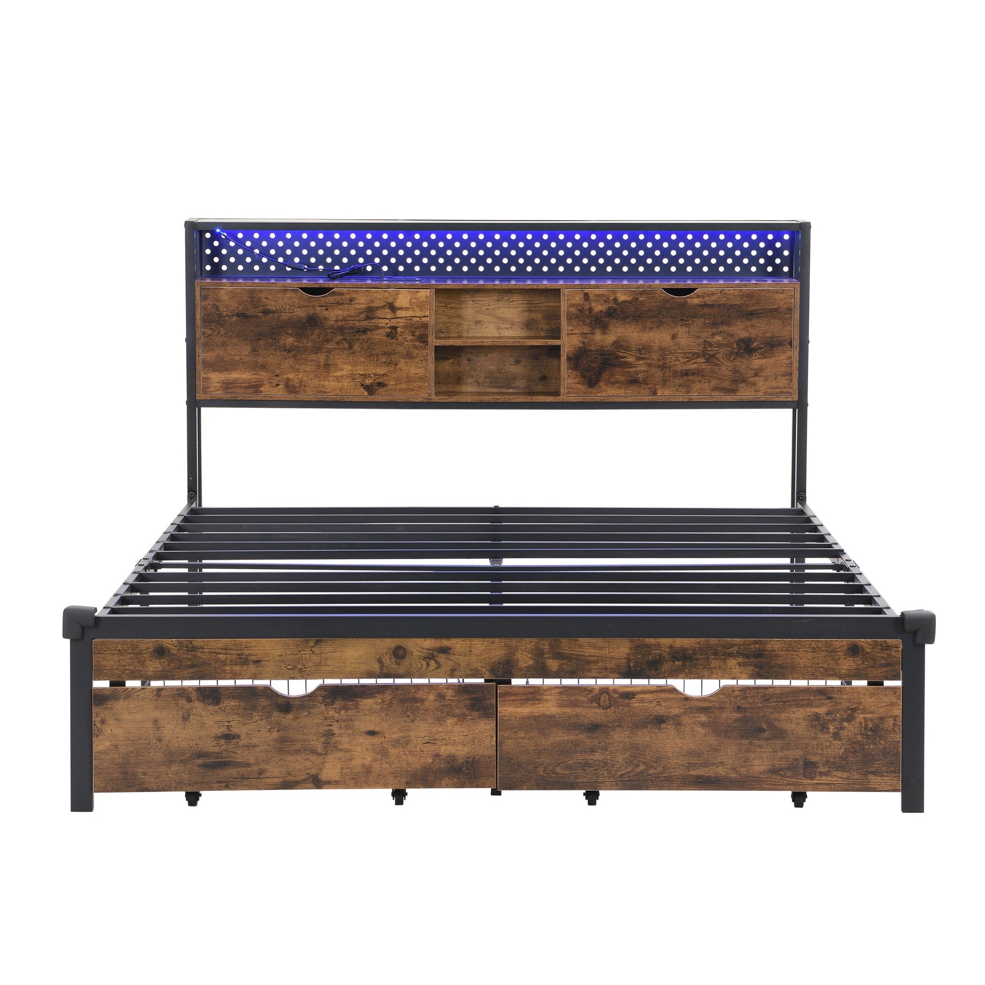 Modern Metal Platform Bed Frame With Wooden Headboard, USB Charging Station, Storage Drawers - The Sleep Loft - Online Mattress Showroom NYC