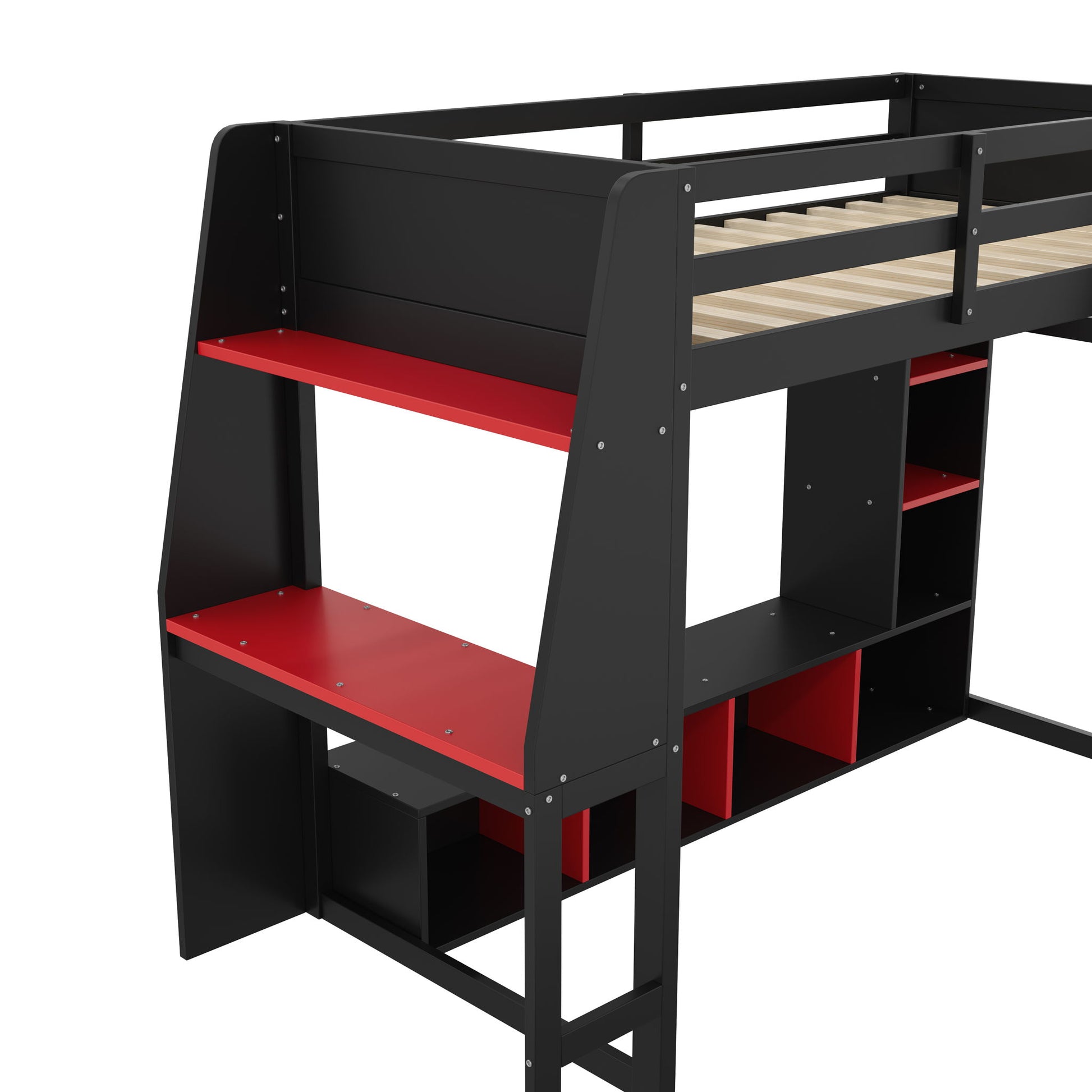 Gaming Loft Bed With Desk, Multi Storage Shelves, LED Lighting, And Hanging Clothes Rack - The Sleep Loft - Online Mattress Showroom NYC